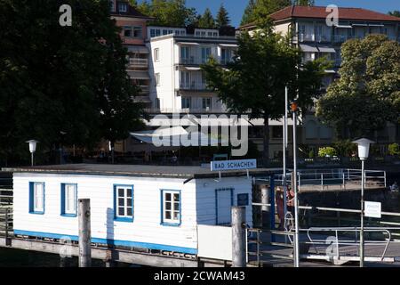 In attesa capanna, stazione delle barche, Bad Schachen, Lago di Costanza, Baden-Wuerttemberg, Germania, Europa Foto Stock