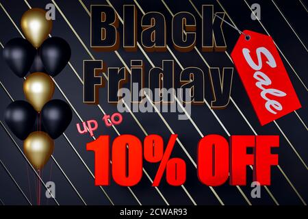 Black Friday vendita nero venerdì illustrazione sfondo poster o immagine segno con nero venerdì 10% di sconto sul testo 3D rendering Foto Stock