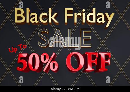 Poster o immagine del segno di sfondo della vendita del venerdì nero con rendering 3D con il 50% di sconto sul testo Foto Stock