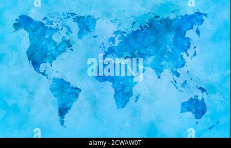 Mappa del mondo in blu acquerello pittura astratta spruzzi su carta. Foto Stock
