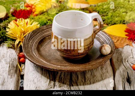 Impostazione del tavolo per le vacanze autunnali. Piatto e tazza di ceramica artigianali vuoti su vecchio tavolo di legno decorato da foglie gialle di autunno, bacche di autunno, muschio e fiori Foto Stock