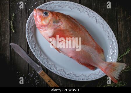 Cernia di pesce crudo su piastra ovale in ceramica con rosmarino, sale e coltello sopra il vecchio tavolo di legno. Vista dall'alto. Stile rustico scuro Foto Stock