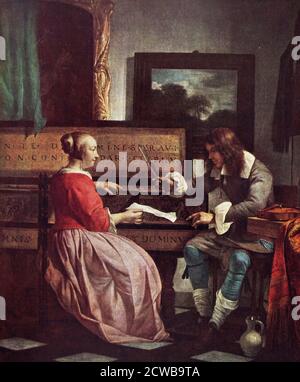 Dipinto intitolato 'UN uomo e una donna seduto da una Vergine' di Gabriel Metsu. Gabriel Metsu (1629-1667) pittore olandese Foto Stock