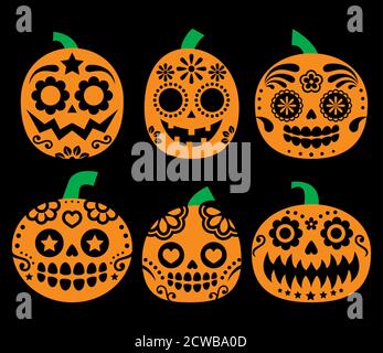 Halloween zucca vettoriale design - stile messicano zucchero cranio, dia de los Muertos decorazione arancione su sfondo nero Illustrazione Vettoriale