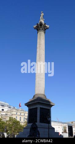 La colonna di Nelson è un monumento in Trafalgar Square, nella città di Westminster, nel centro di Londra, costruito per commemorare l'ammiraglio Horatio Nelson, morto nella battaglia di Trafalgar nel 1805. Il monumento fu costruito tra il 1840 e il 1843 su progetto di William Railton Foto Stock