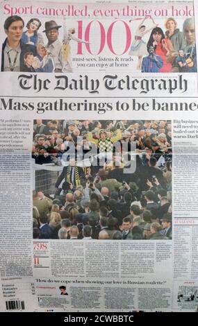 Daily Telegraph, prima pagina titoli Sabato 14 marzo; Corona Virus Crisis, 2020 Foto Stock