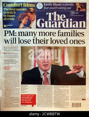 Prima pagina del giornale Guardiano, il 13 marzo 2020, durante la Pandemica COVID-19 Foto Stock