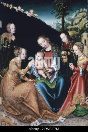 Dipinto di Lucas Cranach il Vecchio intitolato 'il matrimonio mistico di Santa Caterina', 1516-1518. Dalla collezione del Szepmuveseti Muzeum, Budapest, Ungheria. Foto Stock