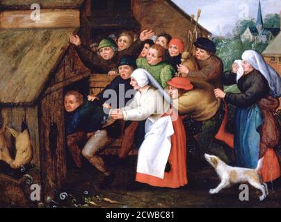 Dipinto di Pieter Brueghel il giovane intitolato 'il Drunkard spinto nel pigsty', 1564-1638. Parte di una collezione privata. Foto Stock