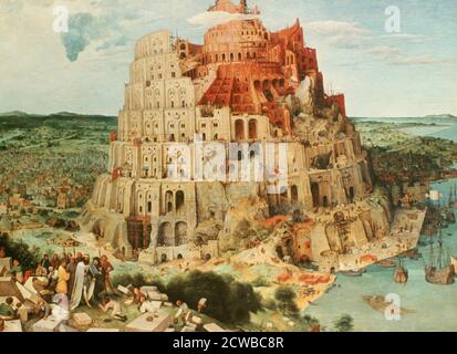Il dipinto di Pieter Bruegel il Vecchio intitolato 'Torre di Babele', 1563. La torre fu costruita da un'umanità unita nel tentativo di raggiungere il Cielo. Parte della collezione del Kunsthistorisches Museum di Vienna, Austria. Foto Stock