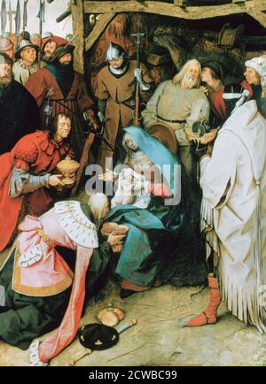 L'Adorazione dei Re, 1564, di Pieter Bruegel il Vecchio. I tre Re che presentano i loro doni sono trattati come caricature e la Vergine non è idealizzata. Dalla collezione della National Gallery, Londra. Foto Stock