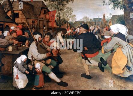 Un dipinto di Pieter Bruegel il Vecchio intitolato 'la danza contadina', 1568-1569. Una danza tradizionale eseguita da due coppie, segna l'apertura di una kermesse (fiera del villaggio), con un Parte della collezione del Kunsthistorisches Museum di Vienna, Austria. Foto Stock