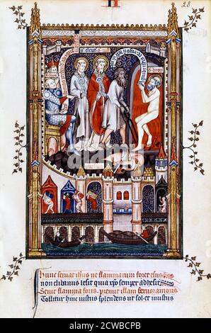 St Denis è gettato nel forno, 1317. Sant'Eleutherio e San Rustico, in catene, guardano come San Denis viene torturata per ordine di Sisinnio. Illustrazione manoscritta di un'opera sulla vita di St Denis (morto c258 d.C.), scritta da Yves, un monaco presso l'Abbazia di St Denis. Il libro descrive la tortura e il martirio del santo da parte del governatore romano Fescenninus Sisinnio. La scena inferiore raffigura le persone sul ponte sulla Senna, dove i portieri trasportano carichi, e una barca piena di barili che vengono trainati. Dalla collezione della Bibliotheque Nationale, Parigi. L'artista è sconosciuto. Foto Stock