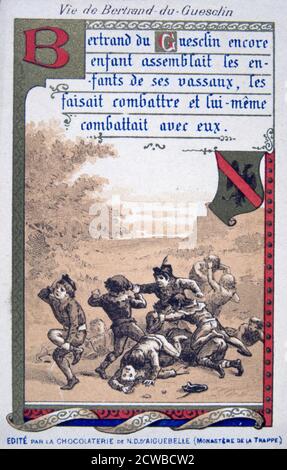 Scena dalla vita di Bertrand du Guesclin, (19 ° secolo). Bertrand da bambino, combattendo con gli altri. Bertrand du Guesclin (c1320-1380) entrò al servizio di Carlo di Blois, duca di Bretagna, combattendo contro gli inglesi invasori. Fu nominato cavaliere nel 1354 e in seguito servì il re Carlo V di Francia che lo rese tenente di Normandia e conte di Longueville. Alla Battaglia di Auray (1364), du Guesclin fu riscattato dopo essere stato preso prigioniero dagli inglesi, e condusse mercenari in Spagna dove combatté per Enrico di Trastamara contro il suo fratellastro, Pietro il Cruello di Castiglia. Du Guesclin Foto Stock