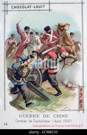 Battaglia a Tashichaw, Cina, ribellione di Boxer, agosto 1900. La rivolta dei Boxer o ribellione dei Boxer fu una ribellione cinese dal 1899 novembre al 7 settembre 1901 contro l'influenza straniera nel commercio, nella politica, nella religione e nella tecnologia in Cina durante gli ultimi anni della dinastia Qing. L'assassinio dell'ambasciatore tedesco e l'assedio di legazioni diplomatiche straniere a Pechino hanno spinto Gran Bretagna, Francia, Germania, Stati Uniti, Russia, Giappone, Italia e Austria-Ungheria a formare l'alleanza delle otto nazioni e ad intervenire militarmente. Francese carta commerciale pubblicità Chocolat-Louit. L'artista è sconosciuto. Foto Stock