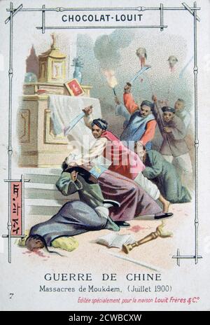 Massacro di Mukden, ribellione di Boxer, Cina, luglio 1900. La rivolta dei Boxer o ribellione dei Boxer fu una ribellione cinese dal 1899 novembre al 7 settembre 1901 contro l'influenza straniera nel commercio, nella politica, nella religione e nella tecnologia in Cina durante gli ultimi anni della dinastia Qing. L'assassinio dell'ambasciatore tedesco e l'assedio di legazioni diplomatiche straniere a Pechino hanno spinto Gran Bretagna, Francia, Germania, Stati Uniti, Russia, Giappone, Italia e Austria-Ungheria a formare l'alleanza delle otto nazioni e ad intervenire militarmente. Francese carta commerciale pubblicità Chocolat-Louit. L'artista è sconosciuto. Foto Stock