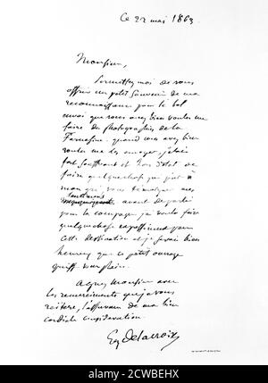 Lettera firmata da Eugene Delacroix, artista romanico francese, 1863. Artista: Eugene Delacroix. Delacroix era un artista romantico francese considerato il leader della scuola romantica francese. Foto Stock