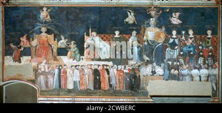Allegoria del buon Governo', 1338-1340, artista: Ambrogio Lorenzetti. Lorenzetti affrescò le pareti laterali della Sala dei Consigli (Sala dei nove) del Municipio (Palazzo pubblico) di Siena. Il soggetto degli affreschi è buono e cattivo Governo. Foto Stock