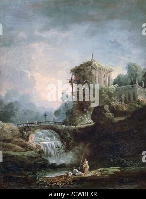 Landscape with Waterfall', c1750-1808, artista: Hubert Robert. Hubert Robert (1733-1808) è stato un pittore francese dell'epoca rococò. Foto Stock