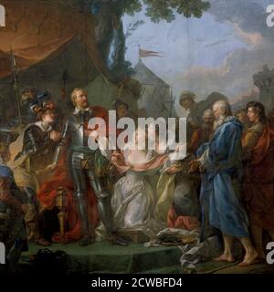 La coraggiosa azione di Eustache de Saint-Pierre all'Assedio di Calais, 1346. Una scena da i cento anni di guerra, in cui Edward III d'Inghilterra, avendo infine preso Calais, chiede di sei cittadini per essere inviato a lui e a morire per la loro città. Sei volontari sono guidati da Eustache de St Pierre, una delle città di anziani, che fu il primo a fare del volontariato. Le loro vite sono state risparmiate dall intervento di Edward's regina, Philippa di Hainault. Foto Stock