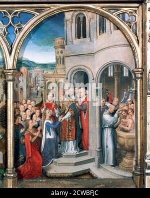 Santuario di Sant'Ursula, arrivo a Roma, 1489, artista: Hans Memling. Hans Memling è stato il principale artista di Bruges. Il suo lavoro è fortemente influenzato da Rogier van der Weyden. Foto Stock