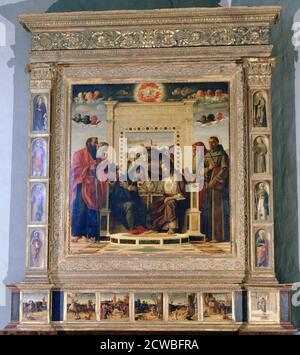 Pala d'altare di pala di Pesaro, c1474, artista: Giovanni Bellini. Incoronazione della Vergine con i Santi Paolo, Pietro, Girolamo e Francesco d'Assisi con scene della vita dei santi nel pannello predella. Dalla collezione del Museo Civico, Pesaro, Italia. Foto Stock