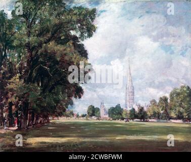 Salisbury Cathedral from Lower Marsh Close', 1820. Artista: John Constable. John Constable (1776-1837) è stato un pittore inglese di paesaggio nella tradizione romantica. Nato a Suffolk, è conosciuto principalmente per i suoi dipinti paesaggistici di Dedham vale. Foto Stock