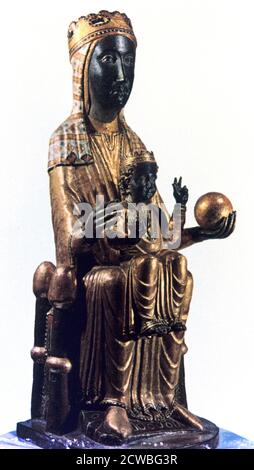 Vergine di Montserrat, Catalogna, Spagna. Questa Madonna nera nell'abbazia benedettina di Montserrat è detto di essere stata scolpita da San Luca. Il Romanico statua in legno è stato infatti realizzato alla fine del XII secolo. Il colore sul suo viso e mani è dovuto all'inscurimento della vernice nel tempo. Foto Stock