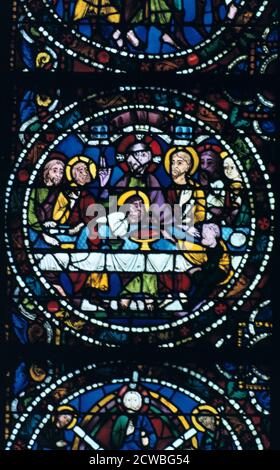 L'Ultima Cena, vetrate, la cattedrale di Chartres, Francia, 1205-1215. Dettaglio dalla passione finestra. Foto Stock