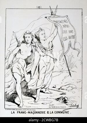 Allegoria della 'la Franc-Maconnerie et la commune", la Comune di Parigi, 1871. La Comune di Parigi è stato stabilito quando i cittadini di Parigi, molti di loro armate guardie nazionali, si ribellò contro le politiche del governo conservatore formato dopo la fine della guerra franco-prussiana. La sinistra del regime comune regnava a Parigi per due mesi fino a quando le truppe del governo riprendeva la città di sanguinosi combattimenti nel maggio 1871. Gli eventi del Comune sono state fonte di ispirazione per Karl Marx così come più tardi dirigenti comunisti compresi Lenin, Trotsky e Mao. Da una collezione privata. Foto Stock