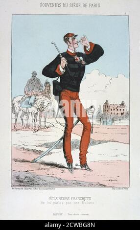 Eclaireurs Franchetti', assedio di Parigi, 1870-1871. Stampa da una serie intitolata Souvenirs du Siege de Paris. Dopo la disastrosa sconfitta dei francesi a Sedan e la cattura di Napoleone III, i prussiani circondarono Parigi il 9 settembre 1870. La città si tenne nonostante la carestia e le grandi difficoltà fino a quando un bombardamento con pesanti pistole d'assedio portò alla sua resa il 28 gennaio 1871. Da una collezione privata. Foto Stock