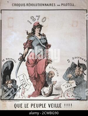 Que le Peuple Veille' di Pilotell, allegoria della Repubblica francese, guerra franco-prussiana, 1870. La terza Repubblica fu proclamata nel settembre 1870 dopo la sconfitta dei francesi nella battaglia di Sedan e la cattura di Napoleone III portò il secondo Impero alla fine. Le precedenti Repubbliche del 1792 e del 1848 furono di breve durata, Essendo concluso rispettivamente dal colpo di stato di Napoleone del 18 Brumaire (1799) e quello di Luigi-Napoleone per stabilire il secondo Impero (1852). La terza Repubblica sopportò fino alla capitolazione della Francia agli invasori nazisti nel 1940. Da una collezione privata. Foto Stock