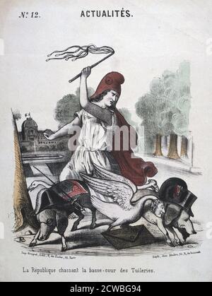 La Republique Chassant la basse-cour des Tuilleries' di Pilotell, cartoon allegorico, guerra franco-prussiana, 1870-1871. La terza Repubblica fu proclamata nel settembre 1870 dopo la sconfitta dei francesi nella battaglia di Sedan e la cattura di Napoleone III portò il secondo Impero alla fine da una collezione privata. Foto Stock