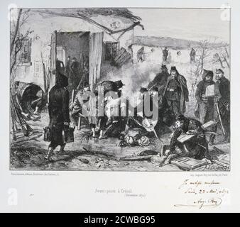 Posto di guardia francese avanzato a Creteil, assedio di Parigi di Auguste Bry, guerra franco-prussiana, dicembre 1870 (1872). Dopo la disastrosa sconfitta dei francesi a Sedan e la cattura di Napoleone III, i prussiani circondarono Parigi il 9 settembre 1870. La città si tenne nonostante la carestia, la malattia e il freddo fino a quando un bombardamento con pesanti pistole d'assedio portò alla sua resa il 28 gennaio 1871. Da una collezione privata. Foto Stock