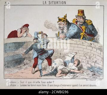 Cartoon, la Comune di Parigi, 1871. Guglielmo I e l'esiliato Napoleone III guardare i combattimenti durante la repressione della Comune di Parigi e decidere di non intervenire. Un sconvolto Marianne non riesce a sopportare di guardare. Da una collezione privata. Foto Stock