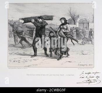 Raccolta legna da ardere, di Auguste Bry, assedio di Parigi, guerra franco-prussiana, 1870 (1871). Dopo la disastrosa sconfitta dei francesi a Sedan e la cattura di Napoleone III, i prussiani circondarono Parigi il 9 settembre 1870. La città si tenne nonostante la carestia, la malattia e il freddo fino a quando un bombardamento con pesanti pistole d'assedio portò alla sua resa il 28 gennaio 1871. Da una collezione privata. Foto Stock