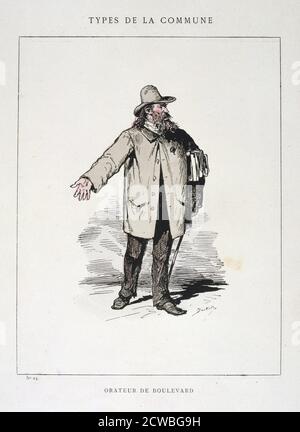 Orateur de Boulevard', Paris commune, 1871. Cartoon da una serie intitolata Types de la commune. La comune di Parigi fu istituita quando i cittadini di Parigi, molti dei quali armati di guardie nazionali, si ribellarono contro le politiche del governo conservatore formatesi dopo la fine della guerra franco-prussiana. Il regime di sinistra della comune ha tenuto un'oscillazione a Parigi per due mesi fino a quando le truppe governative hanno riagganciato la città in sanguinosi combattimenti nel maggio 1871. Gli eventi della comune furono fonte d'ispirazione per Karl Marx e per i successivi leader comunisti, tra cui Lenin, Trotsky e Mao. Da una collezione privata. Foto Stock