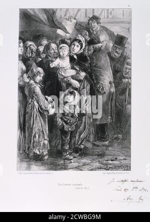 Cantine Nationale, di Auguste Bry, assedio di Parigi, guerra franco-prussiana, gennaio 1871. Dopo la disastrosa sconfitta dei francesi a Sedan e la cattura di Napoleone III, i prussiani circondarono Parigi il 9 settembre 1870. La città si tenne nonostante la carestia, la malattia e il freddo fino a quando un bombardamento con pesanti pistole d'assedio portò alla sua resa il 28 gennaio 1871. Da una collezione privata. Foto Stock