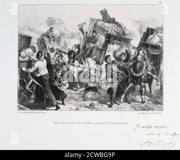 I residenti dei sobborghi che arrivano a Parigi prima che i prussiani assediino la città, da auguste bry, 1870 (1872). Dopo la disastrosa sconfitta dei francesi a Sedan e la cattura di Napoleone III, i prussiani circondarono Parigi il 9 settembre 1870. La città si tenne nonostante la carestia, la malattia e il freddo fino a quando un bombardamento con pesanti pistole d'assedio portò alla sua resa il 28 gennaio 1871. Da una collezione privata. Foto Stock