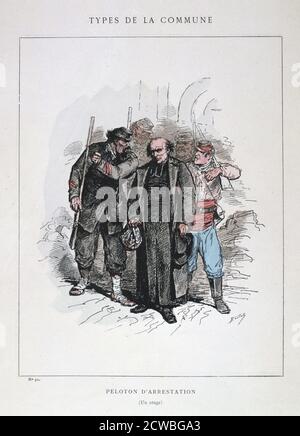 Peloton d'Arrestation', comune di Parigi, 1871. Cartoon da una serie intitolata Types de la commune. La comune di Parigi fu istituita quando i cittadini di Parigi, molti dei quali armati di guardie nazionali, si ribellarono contro le politiche del governo conservatore formatesi dopo la fine della guerra franco-prussiana. Il regime di sinistra della comune ha tenuto un'oscillazione a Parigi per due mesi fino a quando le truppe governative hanno riagganciato la città in sanguinosi combattimenti nel maggio 1871. Gli eventi della comune furono fonte d'ispirazione per Karl Marx e per i successivi leader comunisti, tra cui Lenin, Trotsky e Mao. Da una collezione privata. Foto Stock