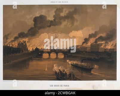 Parigi comune ablaze; 26 marzo-28 maggio 1871. Le banchine di Parigi, visto dal Pont Solferino la notte del 24 maggio, Parigi in fiamme. Litografia. Foto Stock