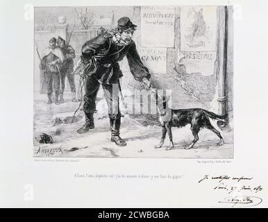 Assedio di Parigi, guerra franco-prussiana, di auguste bry, 1871. Un soldato affamato cerca di prendere un cane vagato per la sua cena. Dopo la disastrosa sconfitta dei francesi a Sedan e la cattura di Napoleone III, i prussiani circondarono Parigi il 9 settembre 1870. La città si tenne nonostante la carestia, la malattia e il freddo fino a quando un bombardamento con pesanti pistole d'assedio portò alla sua resa il 28 gennaio 1871. Da una collezione privata. Foto Stock