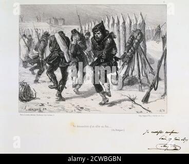 Assedio di Parigi, guerra franco-prussiana di Auguste Bry, 1870 (1871). I soldati francesi si surgelano danzando per cercare di mantenere caldo. Dopo la disastrosa sconfitta dei francesi a Sedan e la cattura di Napoleone III, i prussiani circondarono Parigi il 9 settembre 1870. La città si tenne nonostante la carestia, la malattia e il freddo fino a quando un bombardamento con pesanti pistole d'assedio portò alla sua resa il 28 gennaio 1871. Da una collezione privata. Foto Stock