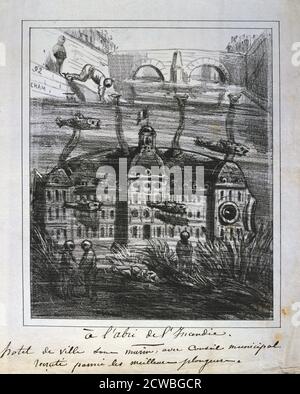 Cartoon proposta per ricostruire l'Hotel de Ville sotto acqua per impedire la propagazione del fuoco, la Comune di Parigi, 1871. La sede del governo del Comune, l'Hotel de Ville è stato distrutto da estremisti Communard poco prima dell'arrivo delle truppe governative inviato per la riconquista della città. Da una collezione privata. Foto Stock