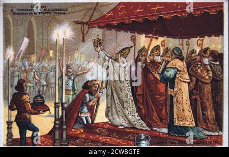 L'Incoronazione di Carlo Magno, 800 AD (XIX secolo). Carlo Magno (C742-814), re dei Franchi (768-814) fu incoronato imperatore del Sacro Romano Impero nel 800 d.c. da Leone III. Carlo Magno il regno incluso quasi tutti di Europa occidentale e centrale. Carta da una serie prodotta dalla fabbrica di cioccolato presso il monastero di aiguebelle. Foto Stock