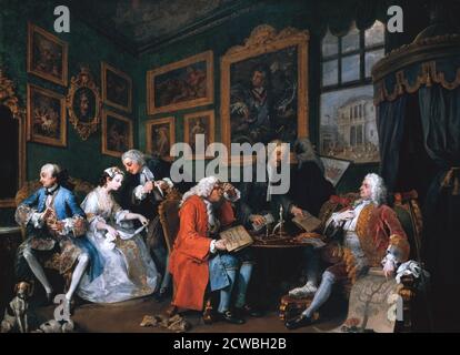 L'insediamento matrimoniale è il primo della serie di Sei dipinti satirici noti come matrimonio A-la-Mode dipinto da William Hogarth.1743 Foto Stock