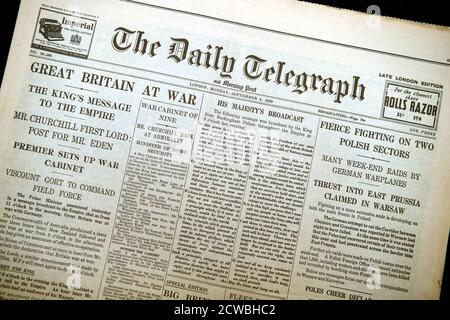 Prima pagina del Daily Telegraph del 4 settembre 1939 Foto Stock