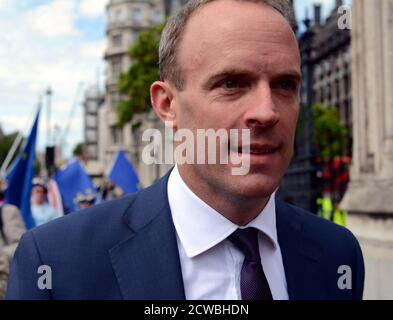 Fotografia di Dominic Raab. Dominic Rennie Raab (1974-) un politico britannico che serve come primo Segretario di Stato e Segretario di Stato per gli Affari Esteri e del Commonwealth dal luglio 2019 Foto Stock