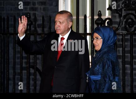 Fotografia di Recep Tayyip Erdogan, Presidente della Repubblica di Turchia, che partecipa al Vertice NATO di Londra, dicembre 2019. Foto Stock