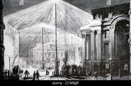 Incisione raffigurante la Royal Exchange and Mansion House di Londra, illuminata dalle lampade ad arco di carbonio di Carl Wilhelm Siemens. Foto Stock